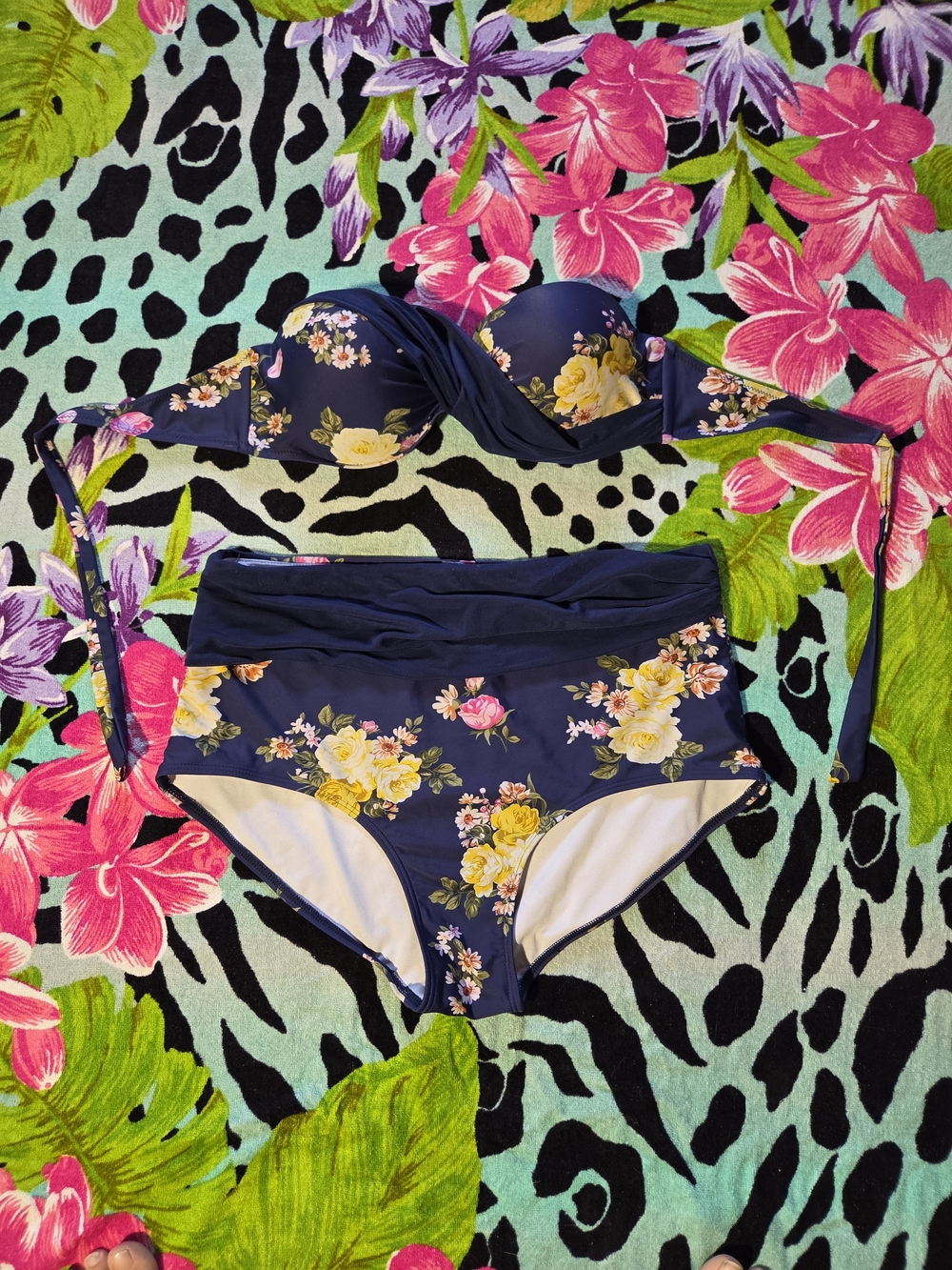 Navy Floral High-Waist Bikini Set